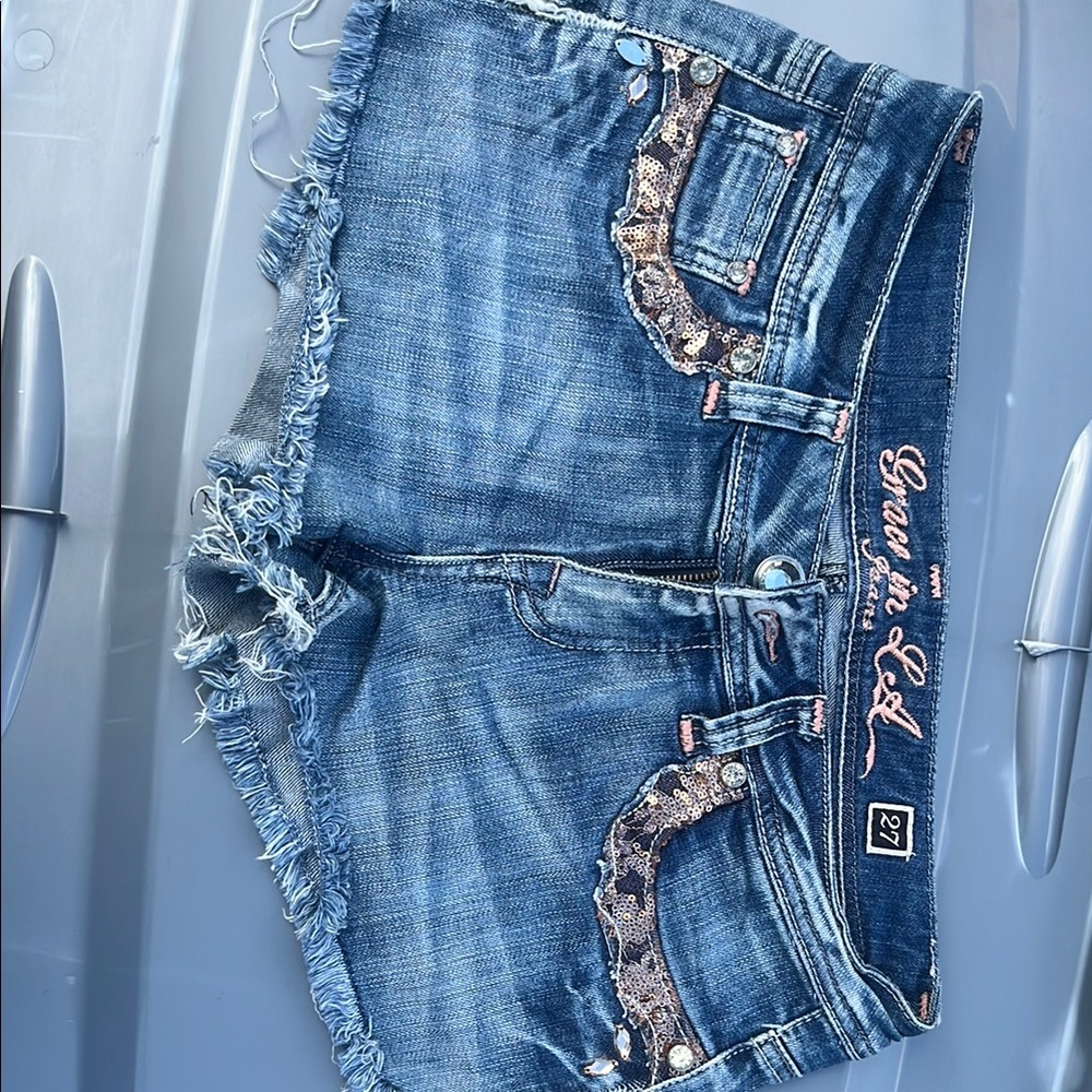 Grace Blue Jean Shorts with Snake Print Accents